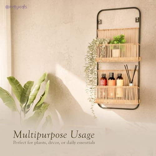 Image of PrettyKrafts 2 Tier Rattan Wall Shelf Storage Basket | Bathroom & Kitchen Organizer | Over-The-Door Natural Hanging Rack | Home Organization Storage Bins & Baskets | Size 30.48x10.16x66.04 Inch