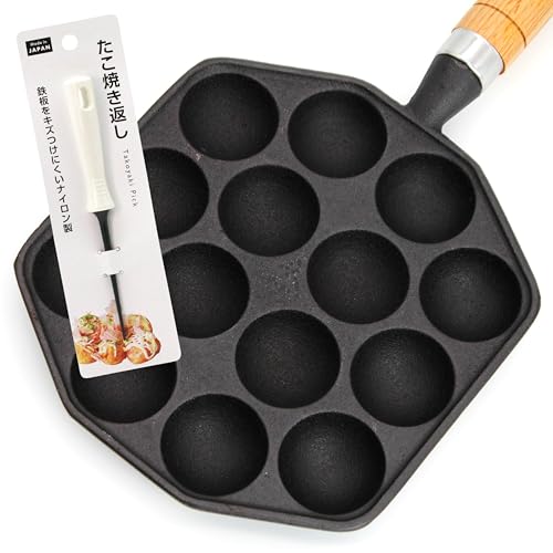 1mal1japan Takoyaki Pfanne aus Gusseisen mit Pick – 14 Mulden (3,5 cm) | Antihaft Takoyaki Maker | Octopus Ball Maker | Form für japanische Oktopusbällchen & Poffertjes