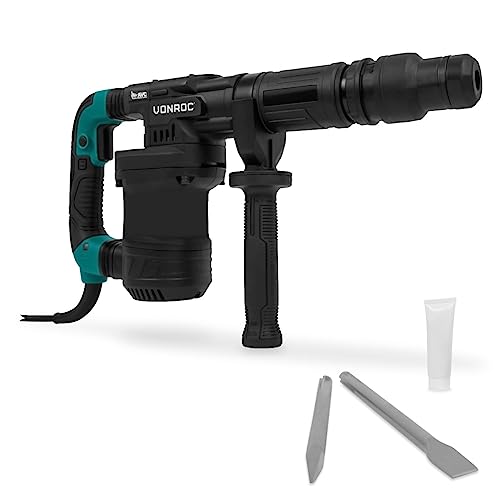 VONROC PRO Martello demolitore 1200W - 6kg - Impatto: 14 Joule - Velocità di impatto: 3100 p/m - Cavo da 5 metri – Include impugnatura laterale, scalpello a punta, scalpello piatto e lubrificante