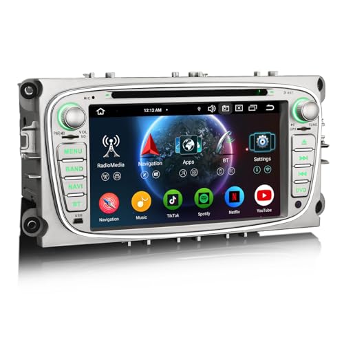 Erisin 8-Kern 4GB+64GB Android 14 Bluetooth Autoradio GPS Navi für Ford Focus Mondeo S-Max C-Max Galaxy 7 Zoll IPS DVD Player Kabelloses CarPlay Android Auto DAB+ Radio DSP A2DP WiFi USB OBD2 Canbus