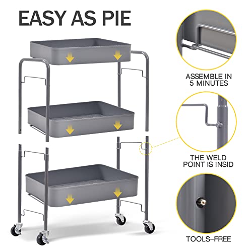 Toolf 3-Tier Rolling Cart, Metal Utility Cart With Lockable Wheels, Storage Craft Art Cart Trolley Organizer Serving Cart Easy Assembly For Office, Bathroom, Kitchen, Kids' Room, Classroom (Grey) #TOP3