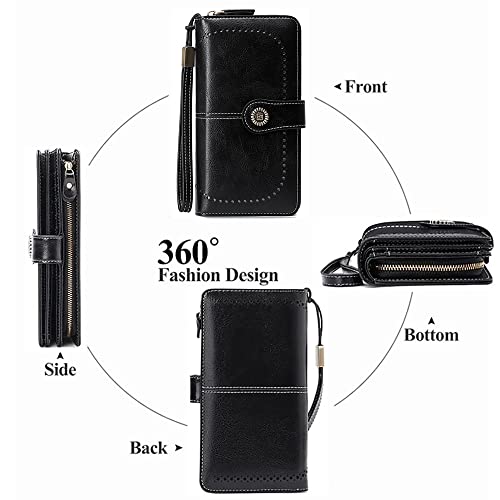 Image of Women Leather Wallet Crossbody Shoulder Bag with Double Zipper and Mobile Phone Purse with Shoulder Strap