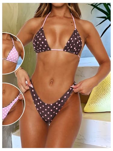 WDIRARA Women's Polka Dots Halter Bikini Set Triangle Thong Swimsuit 2 Piece Bathing Suit3