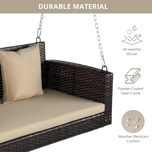 Image of Patio Outdoor Double Seater Swing Chair Without Stand for Balcony, Garden | Weather Resistant Rattan & Wicker Hammock Jhula for Adults | Outdoor Sofa Swing (Brown and Cream)