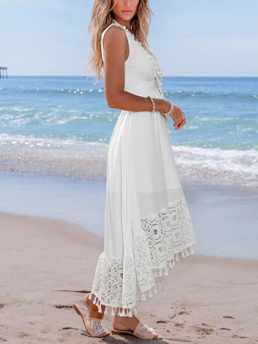 Image of CUPSHE Women's Maxi Dress V Neck Sleeveless Lace Tassel Smocked Waist Cover Up Beach Formal Long Dress