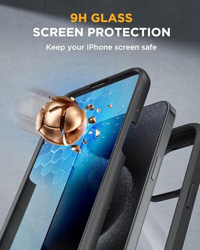 Image of Miracase Glass Series for iPhone 15 Pro Max Case 6.7 Inch, Full-Body Drop Proof Phone Case for iPhone 15 Pro Max with Built-in 9H Tempered Glass Screen Protector + Camera Protector, Black