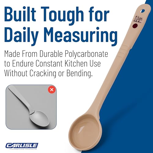 Image of Carlisle FoodService Products 1.5 Ounce Portion Control Spoon with Long Handle - Flat Bottom Measuring Ladle for Sauces & Condiments, Heat Resistant Kitchen Utensil, Beige, (Pack of 12)
