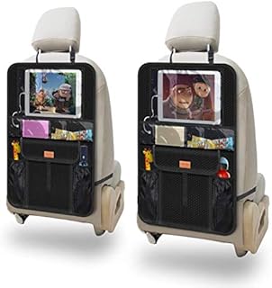 AEMIAO Car Back Seat Organisers (2 Pack), Waterproof Kick Mats Auto Seat Back Protectors with Extra Large iPad Tablet Holder Up to 12.9", Universal Car Organisers for Kids Toys Snacks