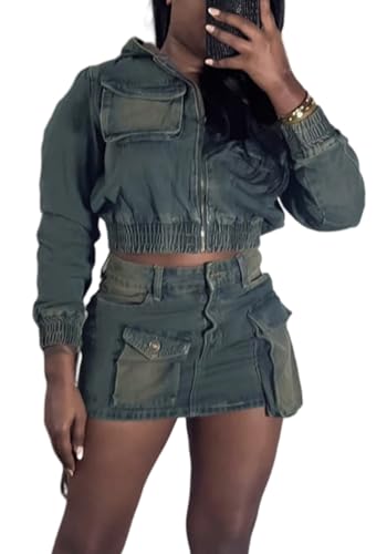 2 Piece Denim Skirt Sets for Women Zipper Hoodie Jacket