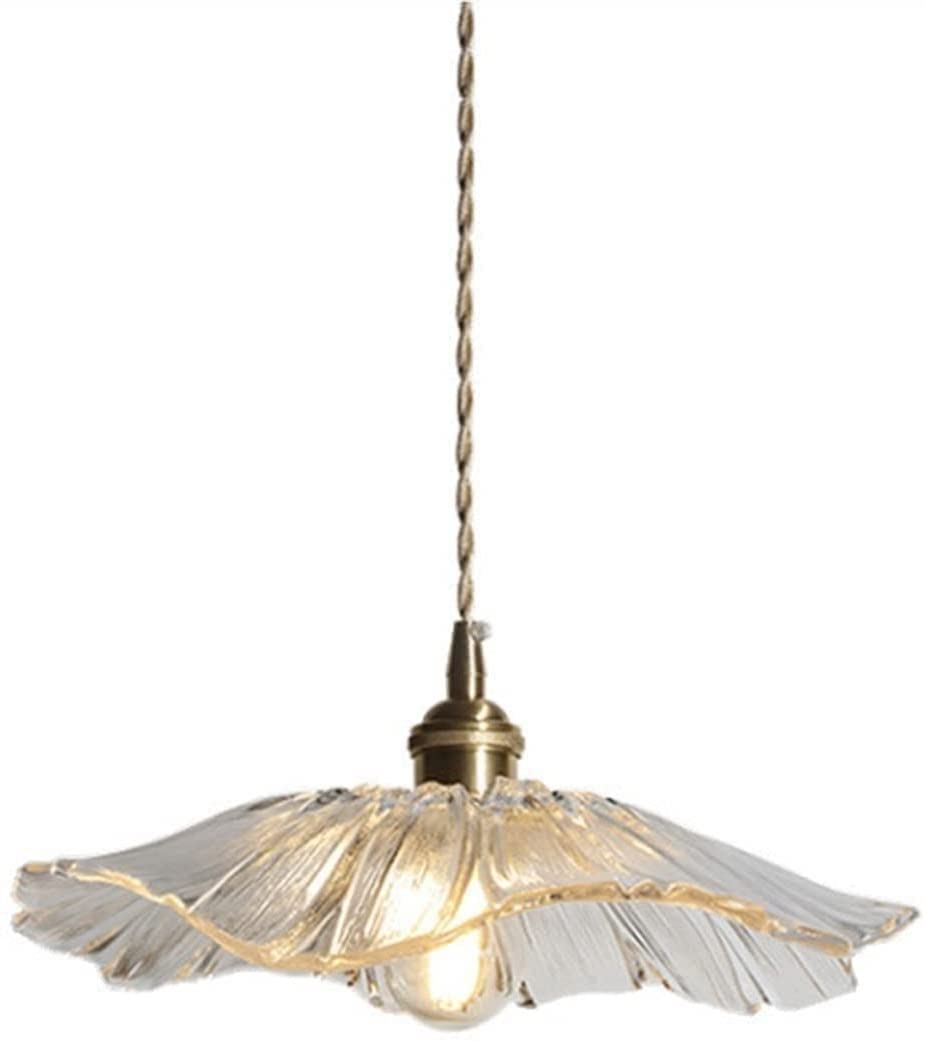 BLOOHK Glass Flower Pendant Light, Vintage Brass Petal Hanging Lamp with Scalloped Edge, Retro Lotus Chandelier for Kitchen Island, Bedroom, Foyer, Bathroom