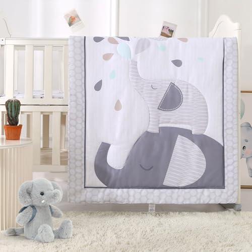 Image of Wowelife Mini Crib Bedding Set for Boys, Premium 3 Piece Elephant Baby Crib Bedding Set, Baby Nursery Comforter Bed Set with Crib Comforter, Skirt and Sheet, Gray