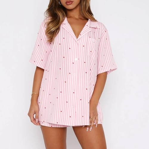 XBTCLXEBCO Women Valentines Pajama Sets Heart Print Short Sleeve Button Down Tops and Shorts 2 Piece Pjs Set Loungewear3