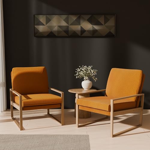 BELLEZE Set of 2 Modern Mustard Yellow Accent Chair, Mid-Century Corduroy Upholstered Lounge Chair, Wooden Frame Armchair for Living Room, Bedroom, or