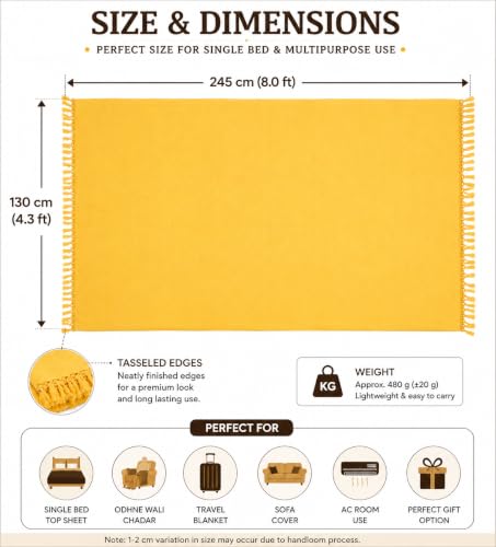 Image of HAIDER ALI AND SONS Bhagalpuri Cotton Chadar for Single Bed | Soft Lightweight Summer AC Chadar | Handloom Cotton Top Sheet | Multipurpose Odhne Wali Chadar | Machine Washable | 245 x 130 cm | Yellow