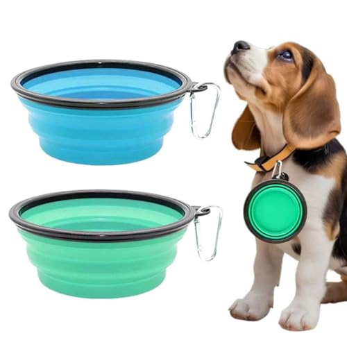 GNALIA Ciotola Portatile Per Cani In Silicone Pieghevole, 2 Pezzi Da Viaggio Con Moschettone, Per Cibo E Acqua, Capacità 350Ml, Colore Azzurro E Verde