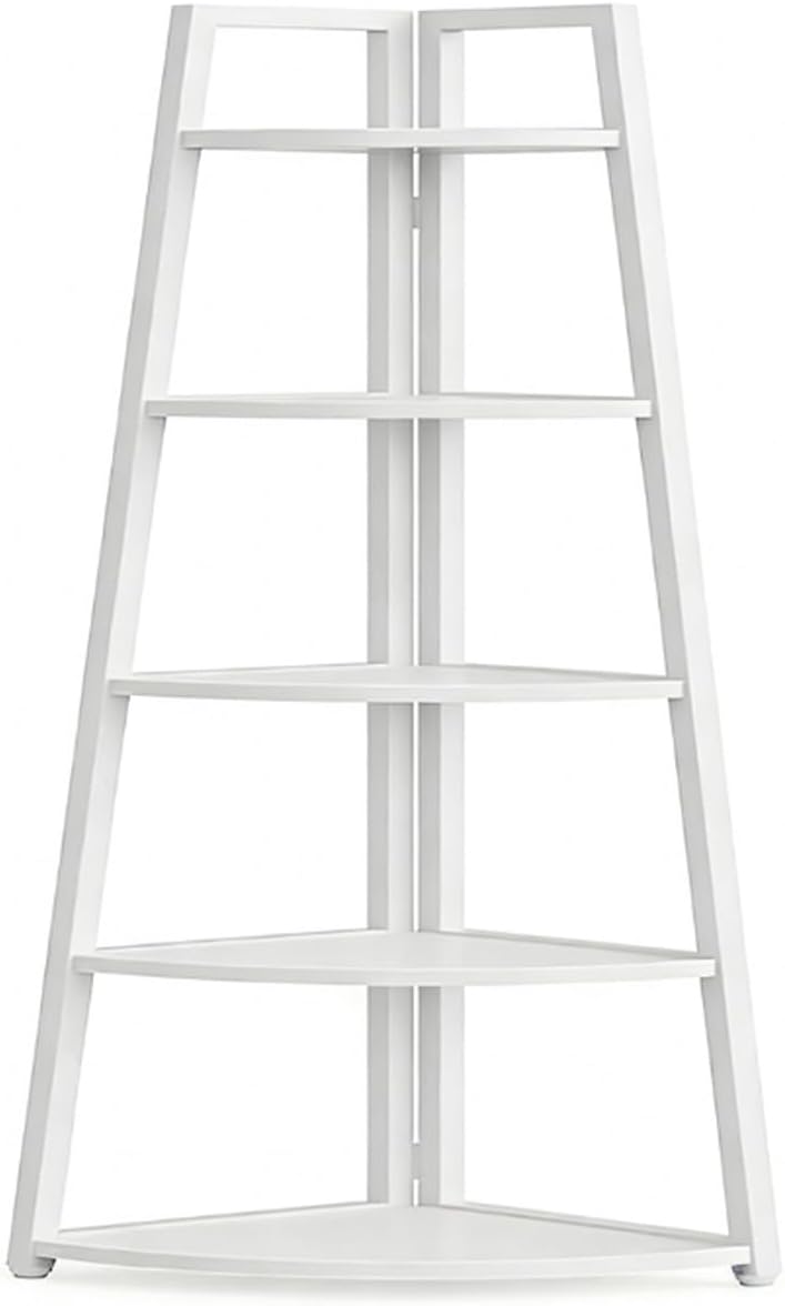 70.07" 5-Tier White Corner Ladder Shelf, Space-Saving Metal Frame Bookshelf, Multi-Purpose Display Rack for Living Room, Bedroom, Balcony (25.95" x 25.95" x 70.07")
