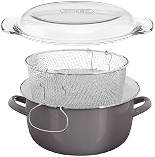 Premier Housewares Deep Fat Fryer Chip Pan Glass Lid Grey Chip Pan Fryer For Kitchen Grey Enamel Coating Chip Fryer Deep Frying Pan 16 x 33 x 27 cm