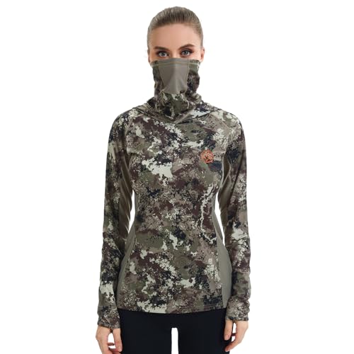 BASSDASH Women's UPF 50+ Camo Hunting Hoodie with Neck Gaiter Breathable Performance Long Sleeve Fishing Hooded Tee FS03W2