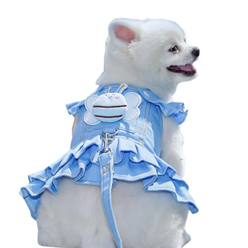Dog Dresses Harness Leash Set,Summer Denim Dog Apparel with Cute Bee Pendant for Small Medium Large Dogs_L(Blue)