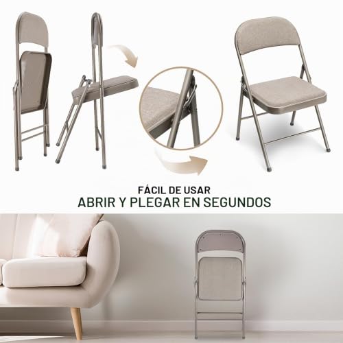 Miniatura 6 de Juego De 4 Sillas Plegables Jardín, Sillas Terraza Exterior Y Camping, Portátil Sillas Apilables Para Comedor, Cocina, Balcón, Restaurantes, Silla Jardín Con Cojín De Tela Y Marco De Acero Caqui