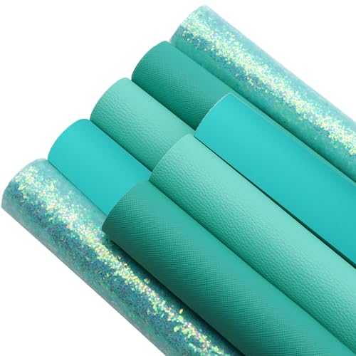 David accessories 8pcs/Set 7.7" x 12.9" (20 cm x 33 cm) Teal Color Series Faux Leather Sheets Glitter Mixed Synthetic Leather Sheets Bundles for Leather Earrings Bows Making
