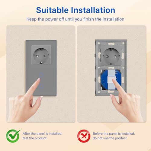BSEED Steckdose mit Lichtschalter,Glas Touch Lichtschalter Unterputz Schalter,Schuko Steckdose mit 2 Fach 1 Wege Wandschalter Grau(Nicht Smart Schalter)