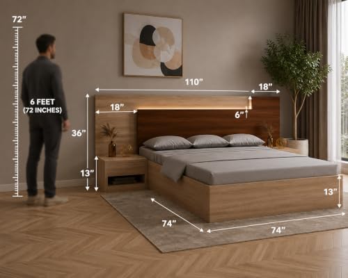 Image of King Size Engineered Wood Platform Bed, Ramonda Style | LED Fitted Headboard, Side Tables with Storage, Brown Finish