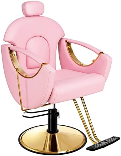 Baasha Barber Chair Reclining Hair Salon Chair, All-Purpose Salon Chair for Hair Stylist, 360 Degrees Rolling Swivel Styling Chair, Pink Salon Chair Shampoo Chair Tattoo Chair