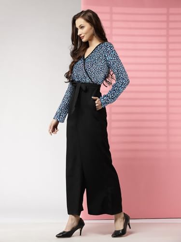 Image of LONDON BELLY Women's Polyester Semi-Formal Jumpsuit with Round Neck Half Sleeves Adjustable Waist Tie Abstract Pattern and Regular Fit | Women Stylish One Piece Outfit | Women Regular Fit Jumpsuit
