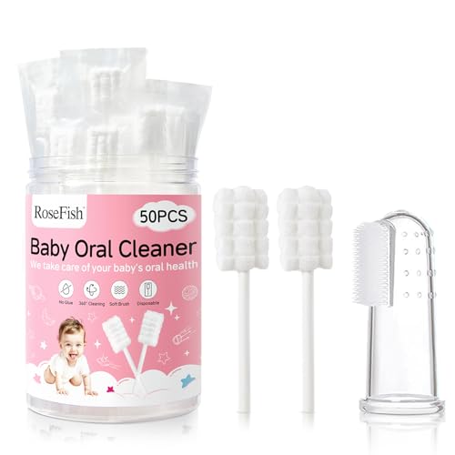 RoseFish 50Pcs Baby Tongue Cleaner for 0-36 Month No Glue Disposable Baby Mouth Oral Cleaner Infant Toothbrush Baby Gum Cleaner 3D Soft Infant Tongue Cleaner+1PCS Finger Toothbrush