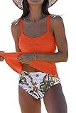 Beachsissi Women's Twist Front Swimwear Ruffle Hem Floral Print Tankini Set, Orange, L