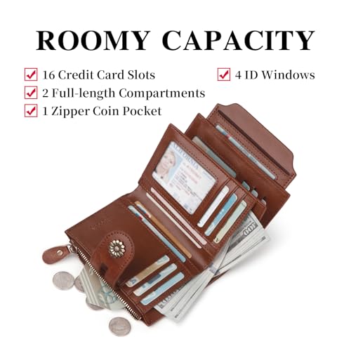 Blucoay RFID Blocking Leather Wallet for Women - Compact Bifold Card Holder with Removable ID Window in Dark Brown - Image 3