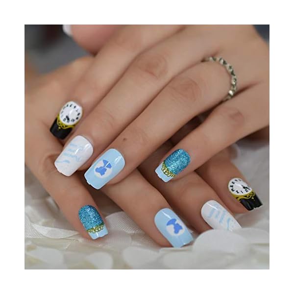 Falsche Nägel England Style Gefälschte Nägel Happy Time Alte Uhr Schönheit Acryl Künstliche Nail Art Tipps Vorgefertigte blaue quadratische Tipps 24 – Bild 4