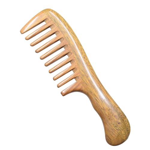 Peigne en Bois de Santal Vert Naturel à Dents Larges pour Cheveux Bouclés - Brosse Antistatique Adaptée à Tous Types (Style Aléatoire)