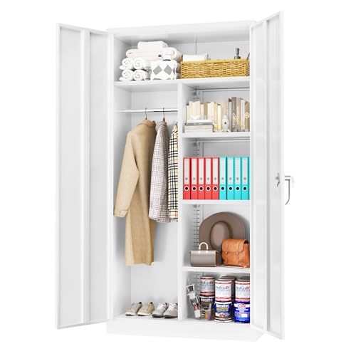 Greenvelly Metal Storage Cabinet with 2 Doors, White 72 Steel Storage Wardrobe Cabinet, Employees Locker Closet Clothing Coat Steel Wardrobe Cabinet with Hanging Rod for Garage, Gym, Home Office