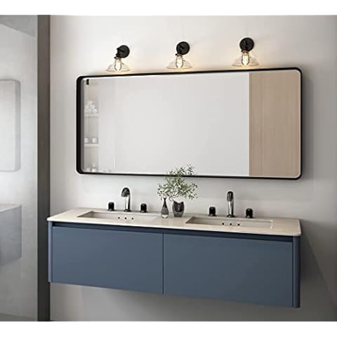 OKPAL Wall Mirror for Bathroom, Mirror for Wall with Black Metal Frame 65" X 22", Decorative Wall Mirrors for Living Room, Bedroom, Glass Panel Rounded Corner Hangs Horizontal Or Vertical Cover