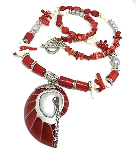 Nautilus and coral long beaded necklace 