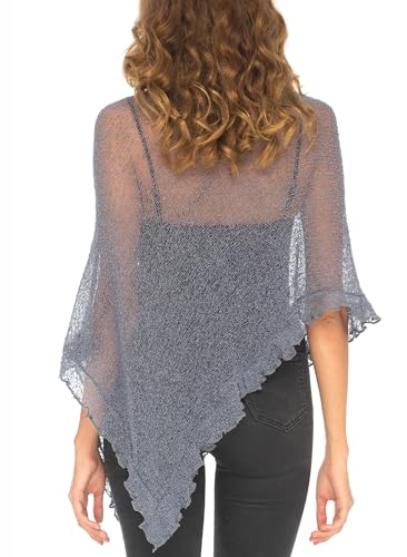 Image of SHU-SHI Women's Sheer Knit Poncho Shrug Lightweight Asymmetrical Ruffle Wrap Dressy Summer Shawl Cover Up Top