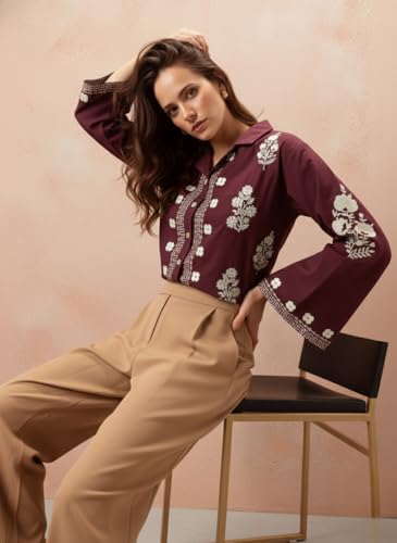 Image of Bee M Pee Designer Women's Embroidered Korean Crop Shirt | Full Bell Sleeves Western Tops for Woman Stylish | Oversized Formal /Casual /Office Wear Cotton Shirts Top for Women