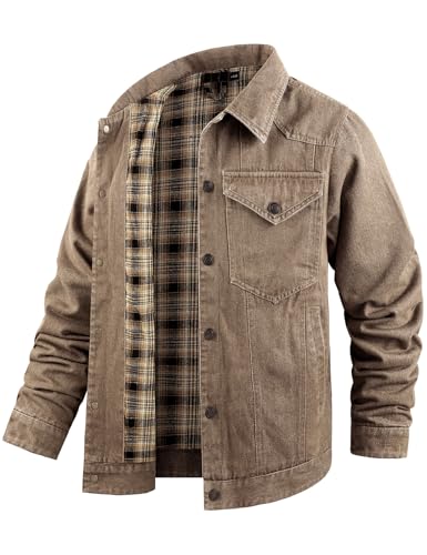 Image of PEHMEA Men's Lined Flannel Denim Stylish Cowboy Trucker Coat Snap Button Rugged Western Shirts Jackets(Brown-S)