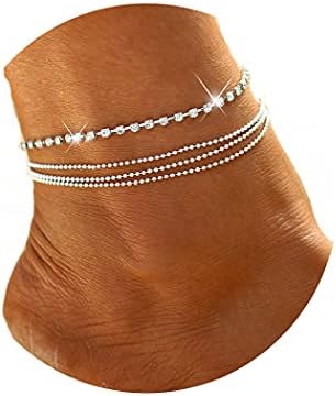 Jeweky Boho Layered Crystal Anklets Silver Rhinestone Ankle Bracelets Chain Beach Foot Jewelry for Women and Girls (A-Silver)
