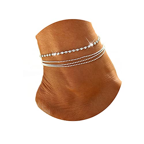 Jeweky Boho Layered Crystal Anklets Silver Rhinestone Ankle Bracelets Chain Beach Foot Jewelry For Women And Girls (A-Silver) #TOP20