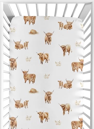 Image of Sweet Jojo Designs Fitted Baby Crib Sheets (Boho Highland Cow) for Boys or Girls, Infant Nursery, Toddler Room - Standard Size (Farm Animal, Bohemian, Watercolor, Rustic Farmhouse, Gender Neutral)