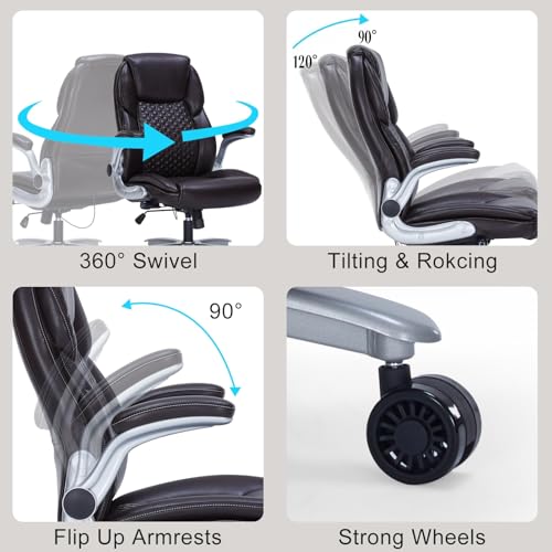 Image of ZLHECTO Big and Tall Executive Office Chair, PU Leather Swivel Desk Chair with Flip-up Arms, Adjustable Lumbar Support, Space-Saving Height Adjustable Rolling Computer Chair for Home & Office Use