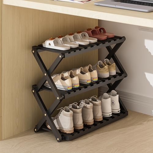SKW 竹製 折りたたみ シューズラック 組み立て不要、玄関 コンパクト 多機能 収納 (ブラック, 幅50cm (3層))