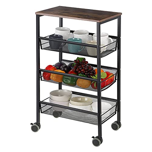 Mooace Kitchen Cart On Wheels, 3-Tire Metal Mesh Rolling Utility Cart With Wood Cover, Multifunction Wire Basket Shelf Trolley For Home,Bathroom,Living Room(Black) #TOP1