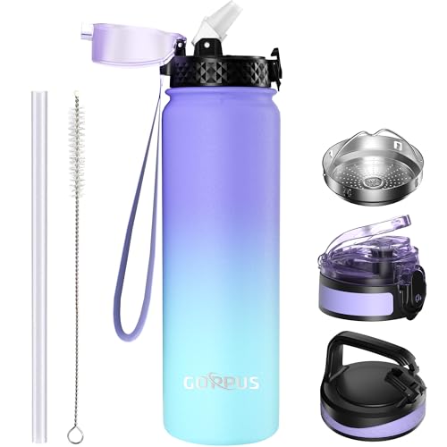 GOPPUS 1L/32oz Stainless Water Bottle with Straw Double Wall Insulated Bottles with Strap Reusable Vacuum Thermal Flask Leakproof Keep Cold Drinks Bottles with Flip Top Lid for Gym Men Women BPA Free