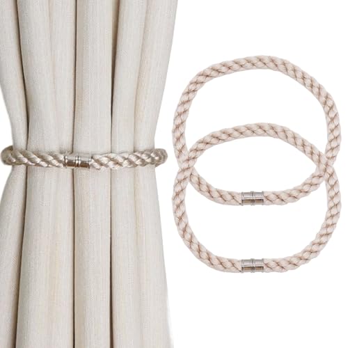 HIASTRA Magnetic Curtain Tiebacks, 2pcs Modern Handmade Rope Curtain Tie Backs Decorative Curtain Holdbacks Holders Cord for Window Sheer Drapes Indoor Outdoor, Beige