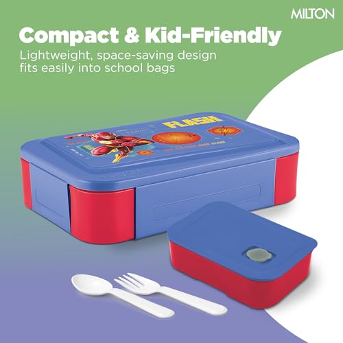 Image of MILTON Berry Tiffin Lunch Box for Kids Boys & Girls with Leak-Proof Inner Container| Food Grade,BPA Free,Compact & Durable Snacks Box for Kids I Plastic Spoon & Fork, 850 ml, Flash Print, Blue