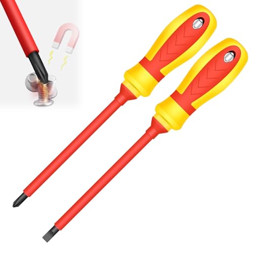 WONAIER 2Pcs Magnetic Screwdrivers Set Phillips and Flat Screwdriver 1000v Insulated Screwdrivers 4 Inch Multi-purpose Cross Slot Screwdriver Set Cushion Grip Handle for Electricians